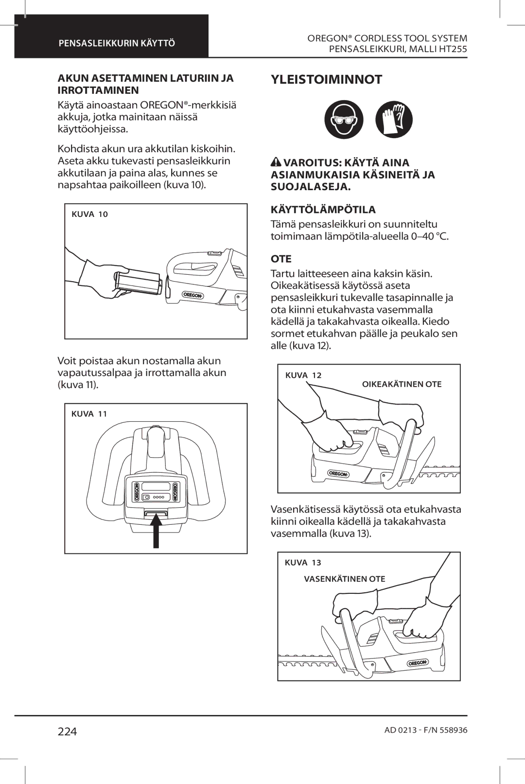 Oregon HT255 instruction manual Yleistoiminnot, 224, Akun Asettaminen Laturiin JA Irrottaminen, Ote 