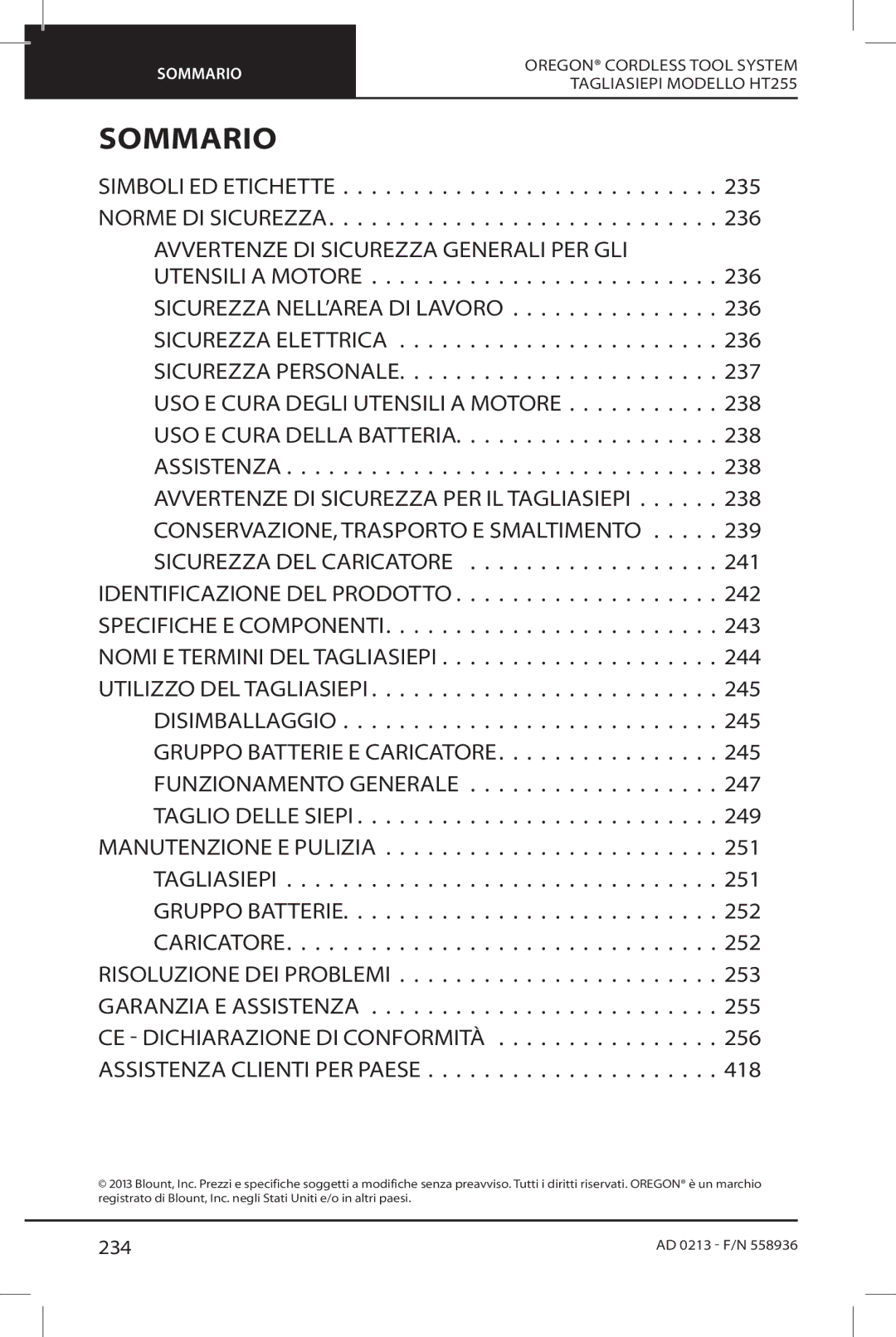 Oregon HT255 instruction manual Sommario, 234 