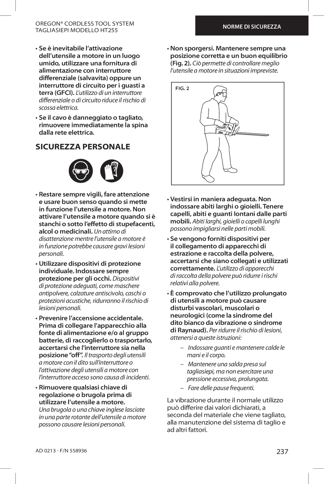 Oregon HT255 instruction manual Sicurezza Personale, 237 