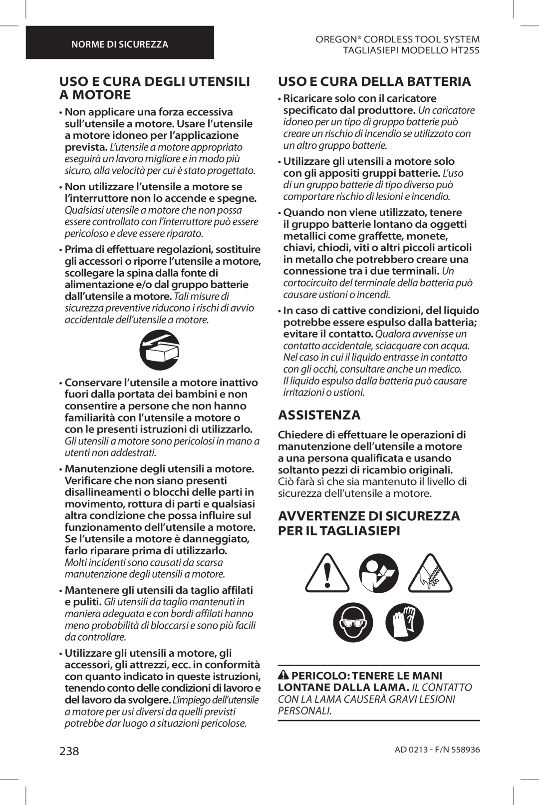 Oregon HT255 instruction manual USO E Cura Degli Utensili Motore, USO E Cura Della Batteria, Assistenza, 238 