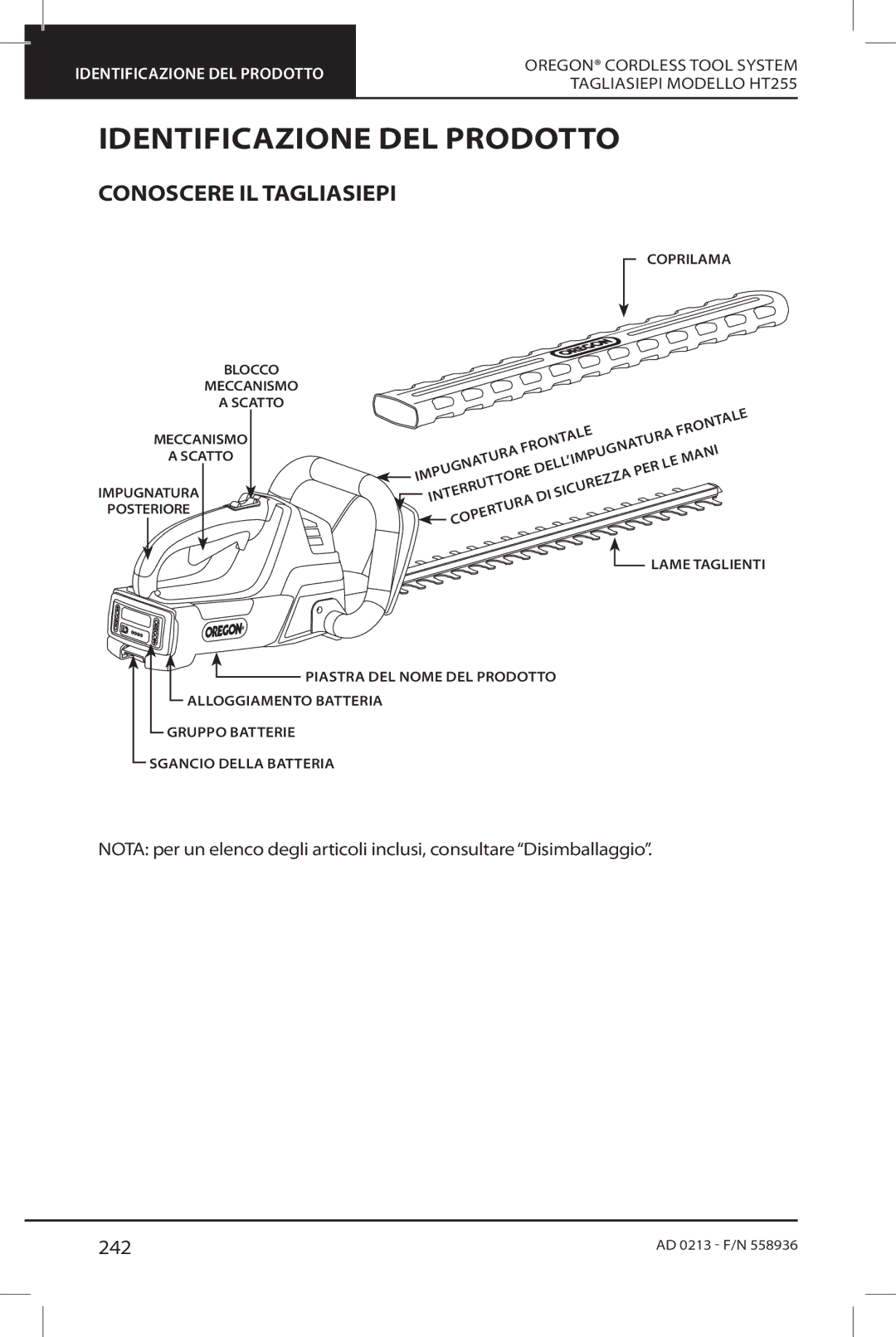 Oregon HT255 instruction manual Identificazione DEL Prodotto, Conoscere IL Tagliasiepi, 242 