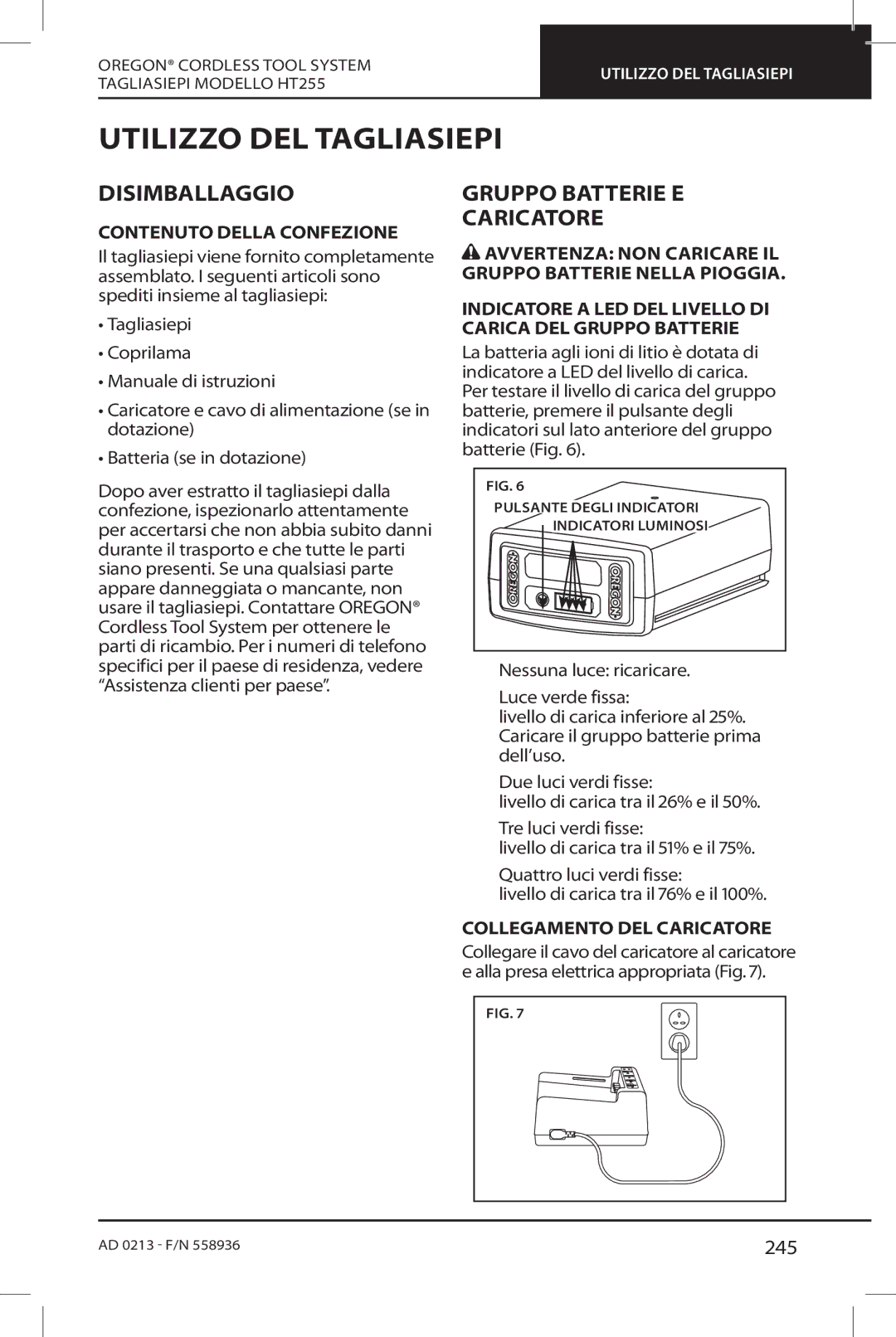 Oregon HT255 instruction manual Utilizzo DEL Tagliasiepi, Disimballaggio, Gruppo Batterie E Caricatore, 245 