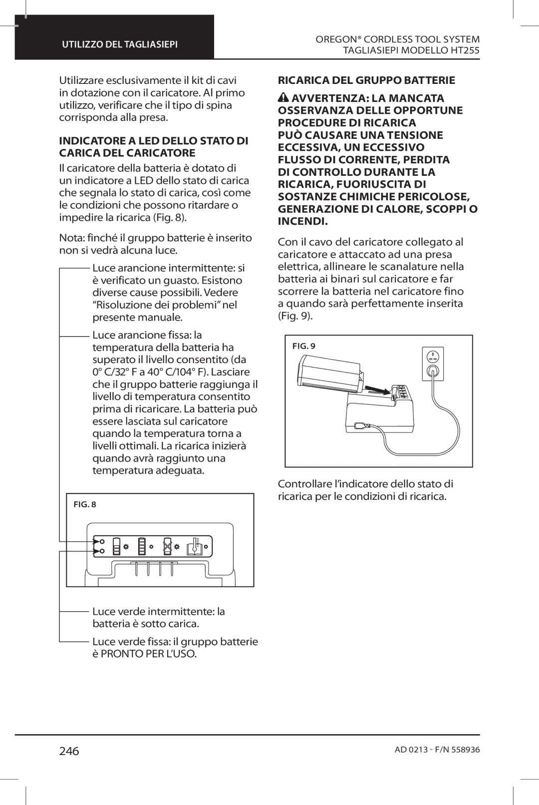 Oregon HT255 instruction manual 246, Indicatore a LED Dello Stato DI Carica DEL Caricatore 