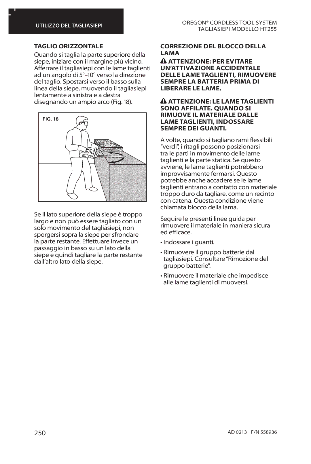 Oregon HT255 instruction manual 250, Taglio Orizzontale 