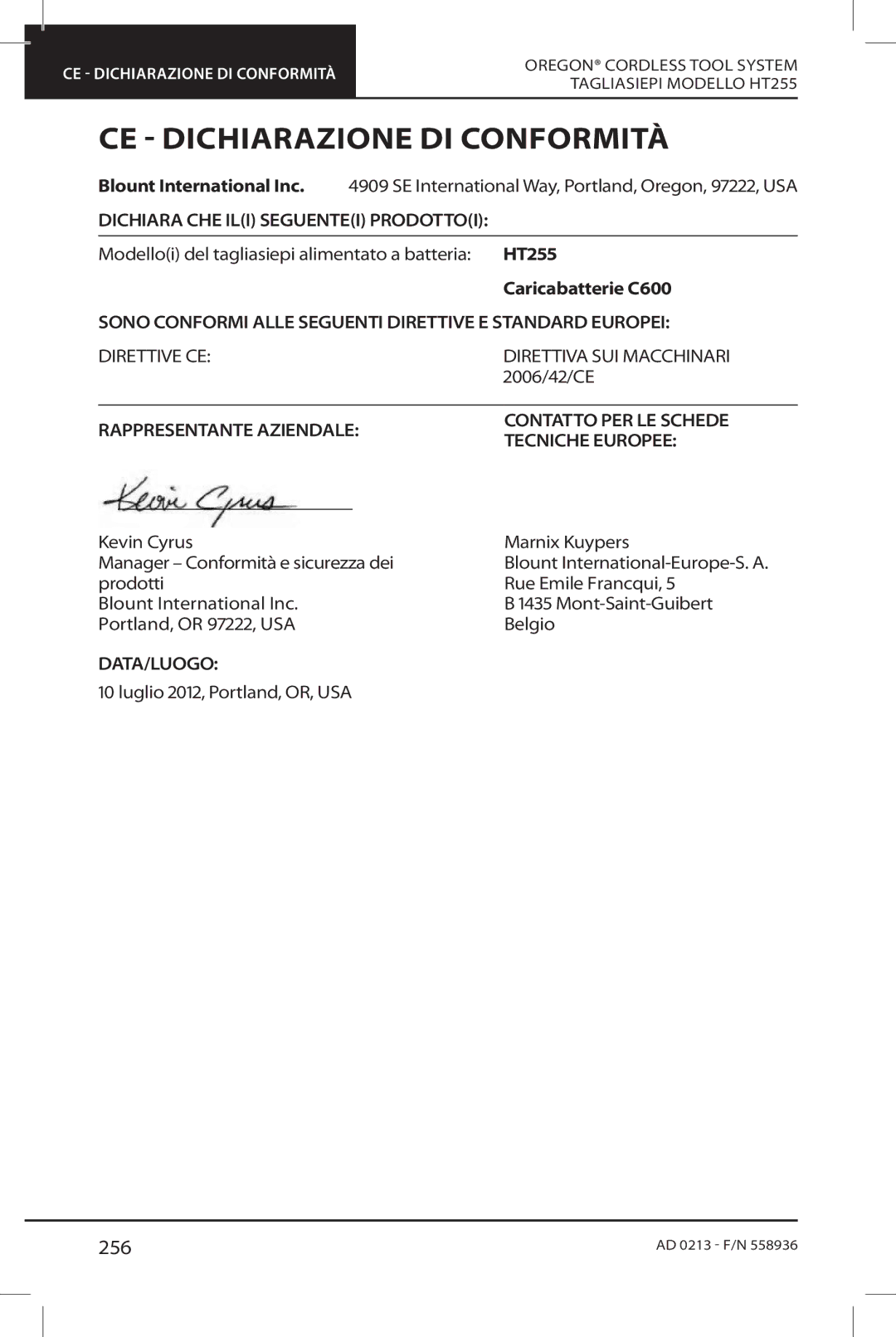 Oregon HT255 instruction manual CE Dichiarazione DI Conformità, 256 