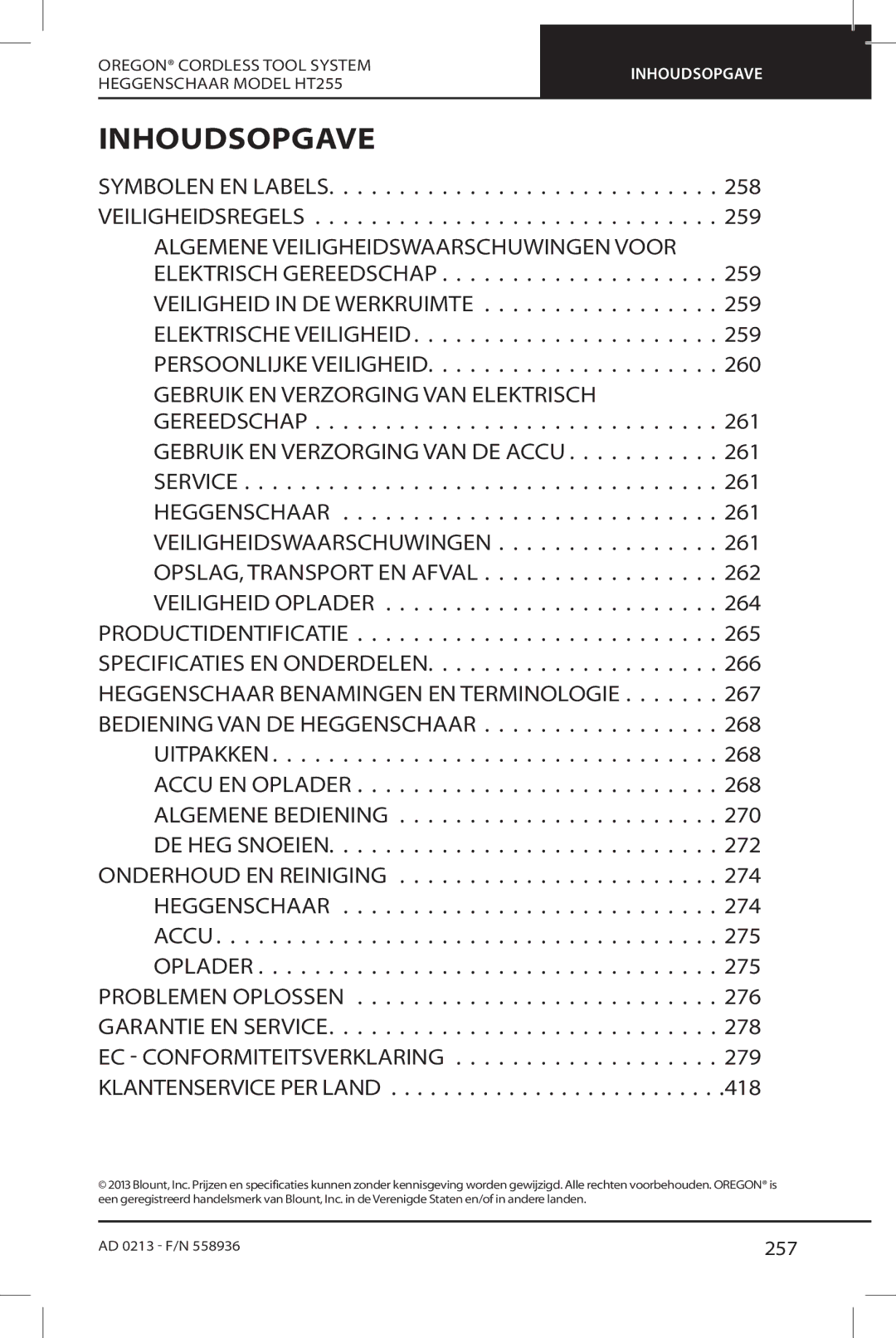 Oregon HT255 instruction manual Inhoudsopgave, 257 