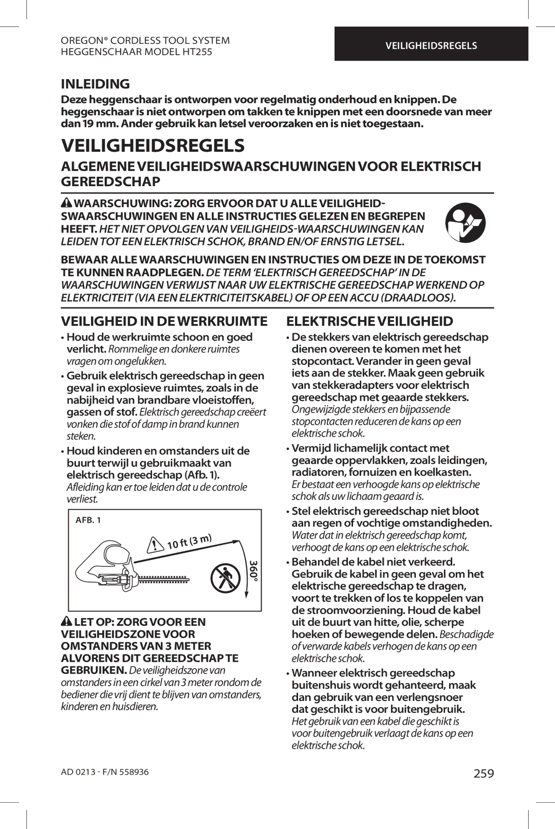 Oregon HT255 instruction manual Veiligheidsregels, Inleiding, Veiligheid in DE Werkruimte, Elektrische Veiligheid, 259 