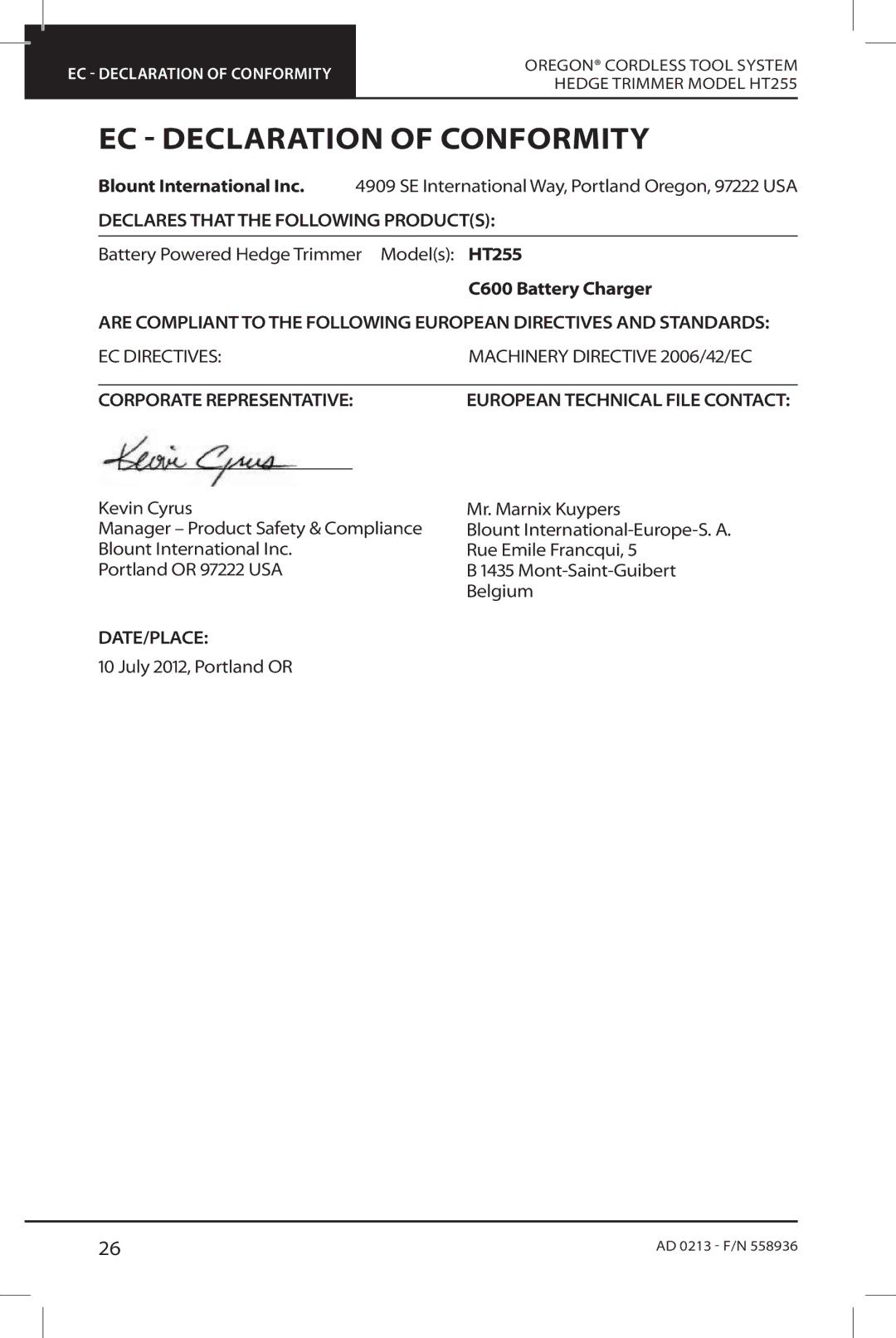 Oregon HT255 EC Declaration of Conformity, Declares That the Following Products, C600 Battery Charger, Date/Place 