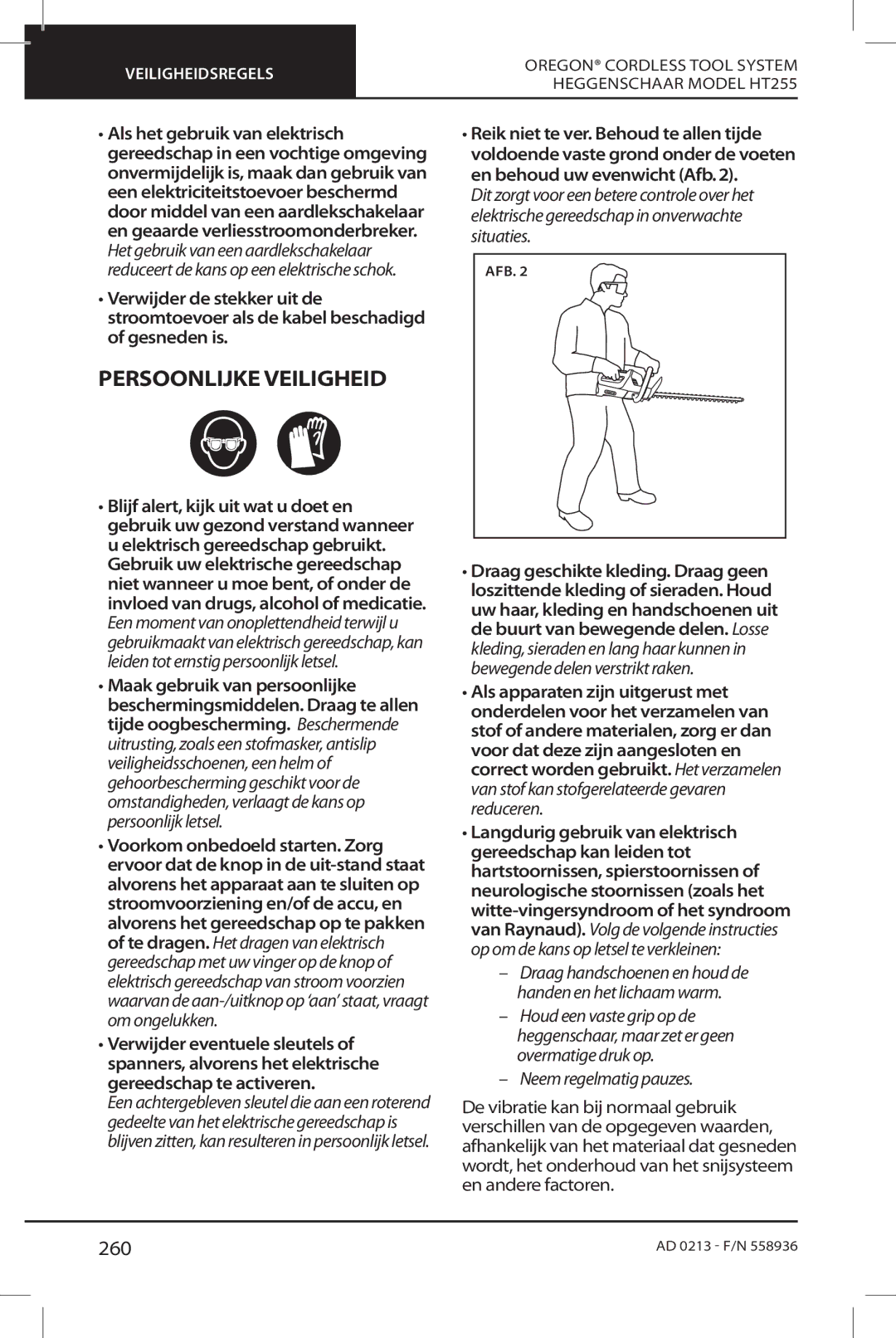 Oregon HT255 instruction manual Persoonlijke Veiligheid, 260 