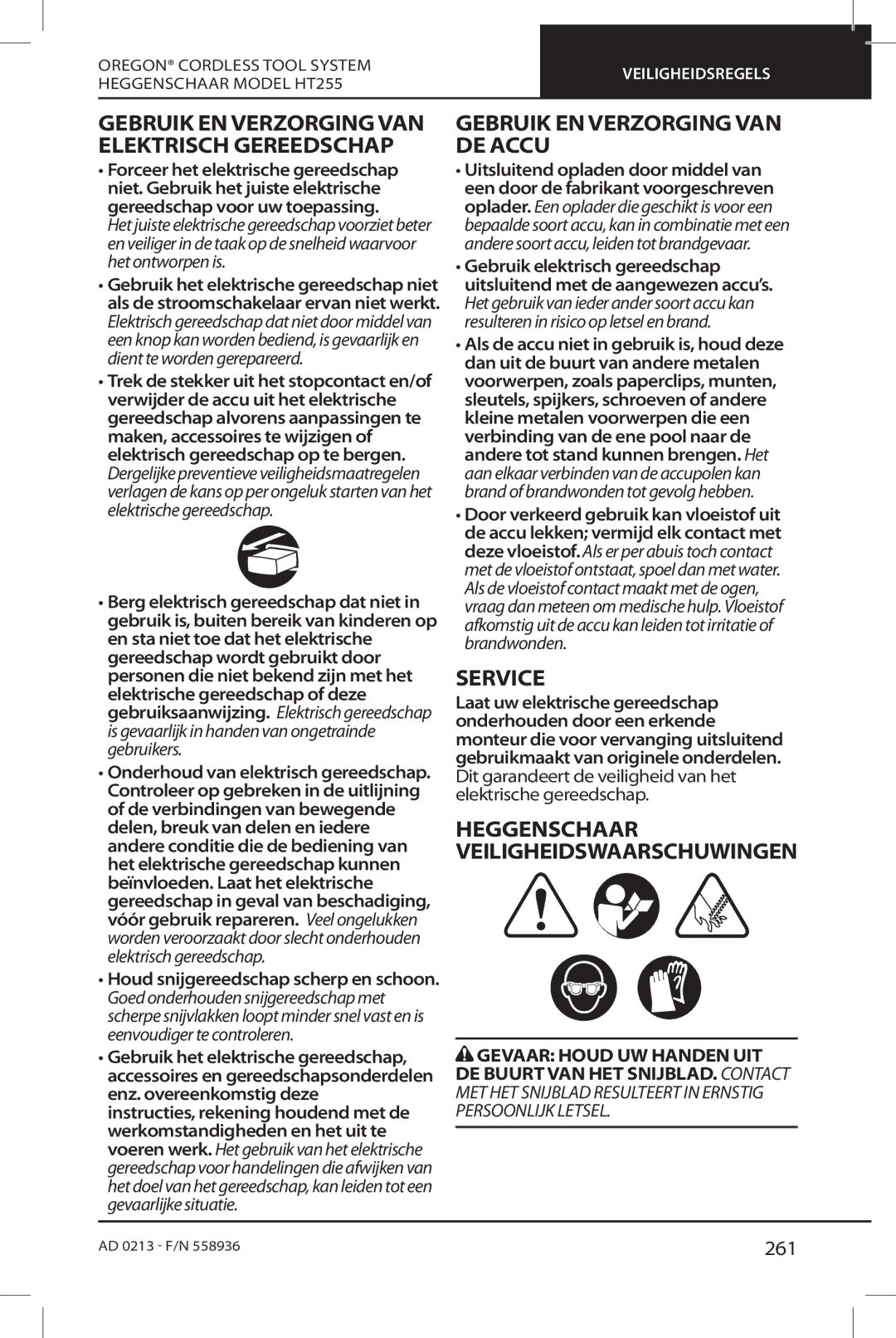 Oregon HT255 instruction manual Gebruik EN Verzorging VAN DE Accu, Heggenschaar Veiligheidswaarschuwingen, 261 