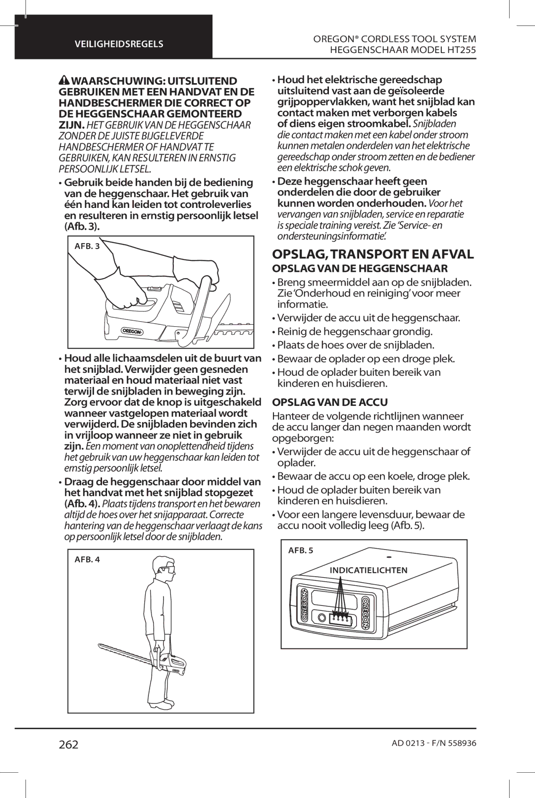 Oregon HT255 instruction manual OPSLAG,TRANSPORT EN Afval, 262, Opslag VAN DE Heggenschaar, Opslag VAN DE Accu 