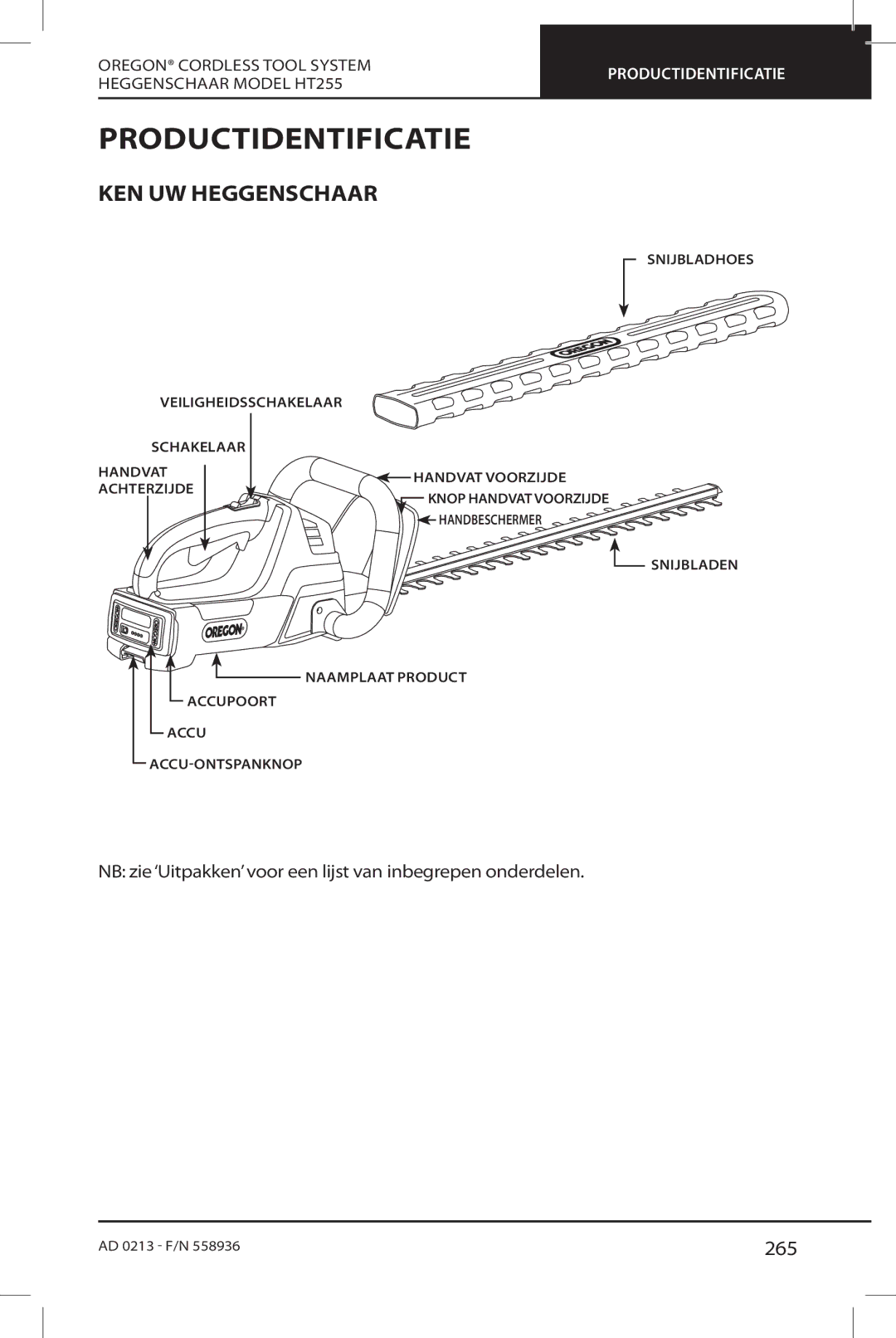 Oregon HT255 instruction manual Productidentificatie, KEN UW Heggenschaar, 265 