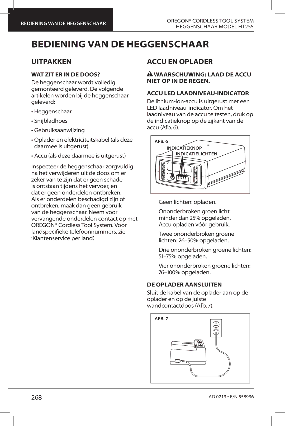 Oregon HT255 instruction manual Bediening VAN DE Heggenschaar, Uitpakken, Accu EN Oplader, 268 