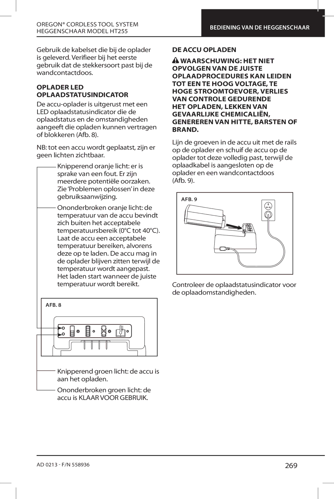 Oregon HT255 instruction manual 269, Oplader LED Oplaadstatusindicator 