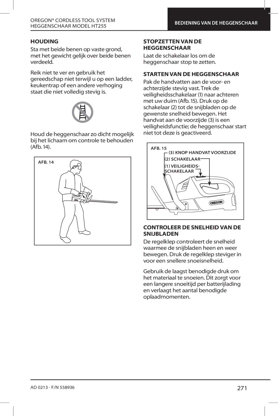 Oregon HT255 instruction manual 271, Houding, Stopzetten VAN DE Heggenschaar, Starten VAN DE Heggenschaar 