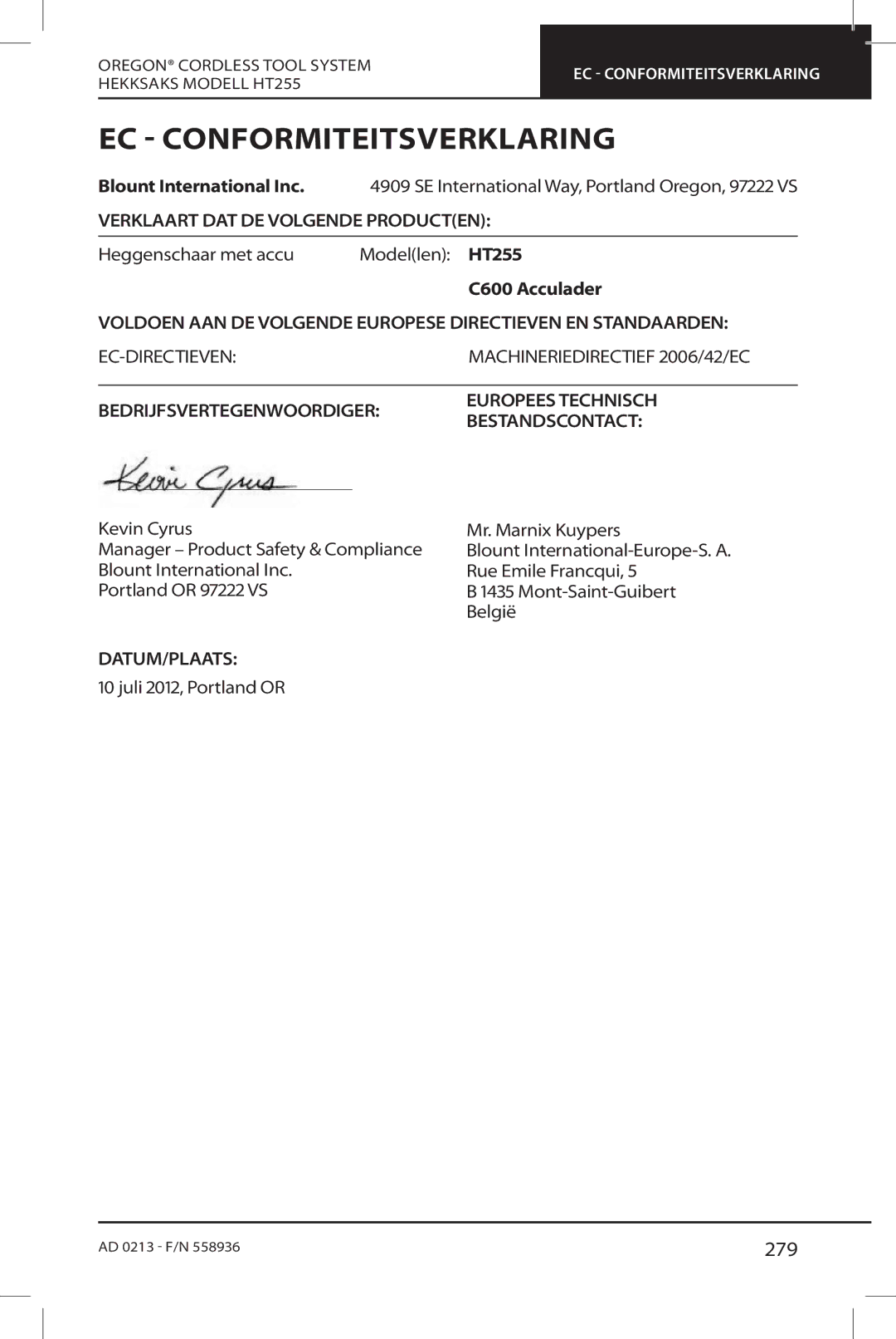 Oregon HT255 instruction manual EC Conformiteitsverklaring, 279, Verklaart DAT DE Volgende Producten, Datum/Plaats 