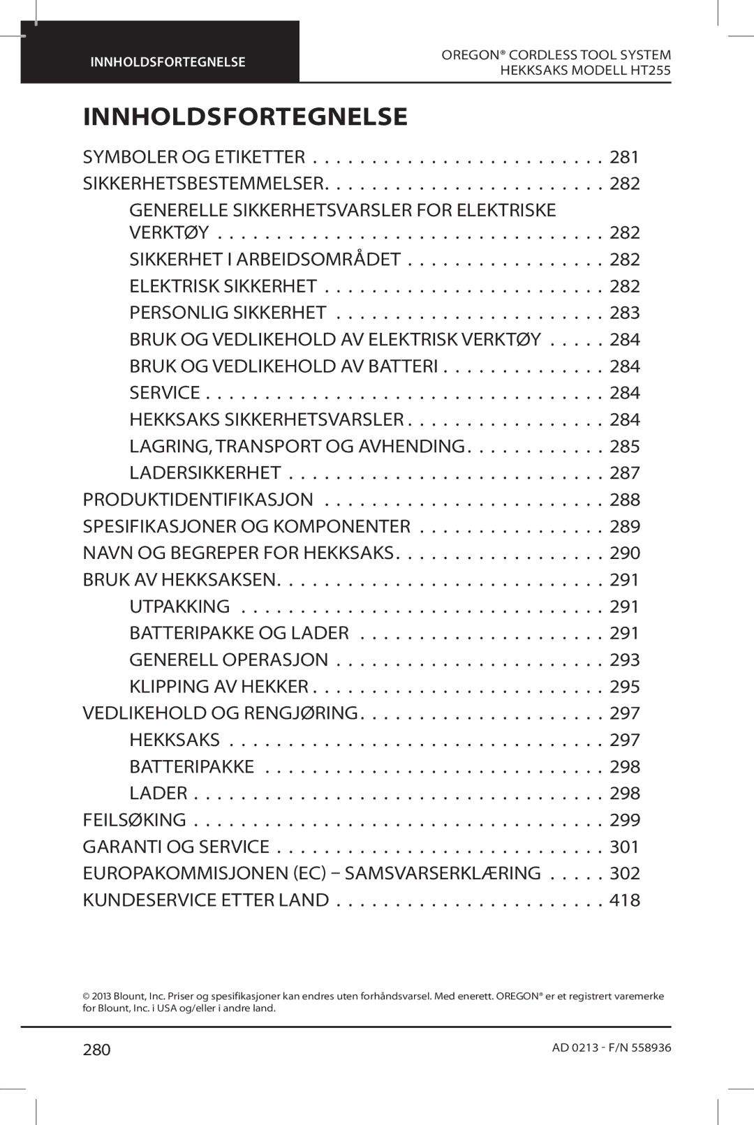 Oregon HT255 instruction manual Innholdsfortegnelse, 280 