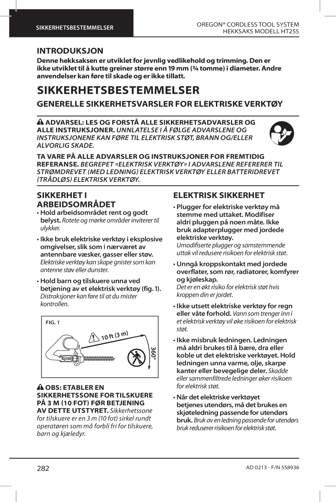 Oregon HT255 Sikkerhetsbestemmelser, Introduksjon, Generelle Sikkerhetsvarsler for Elektriske Verktøy, Elektrisk Sikkerhet 