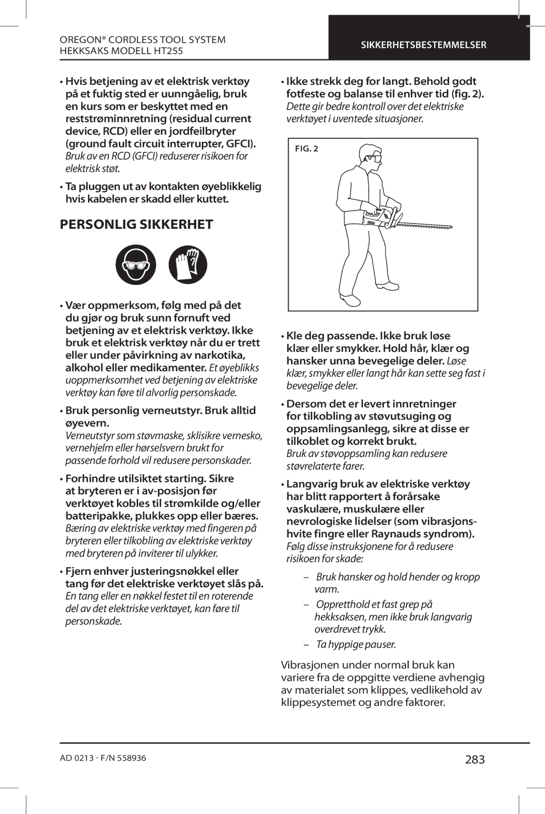 Oregon HT255 instruction manual Personlig Sikkerhet, 283, Bruk personlig verneutstyr. Bruk alltid øyevern 