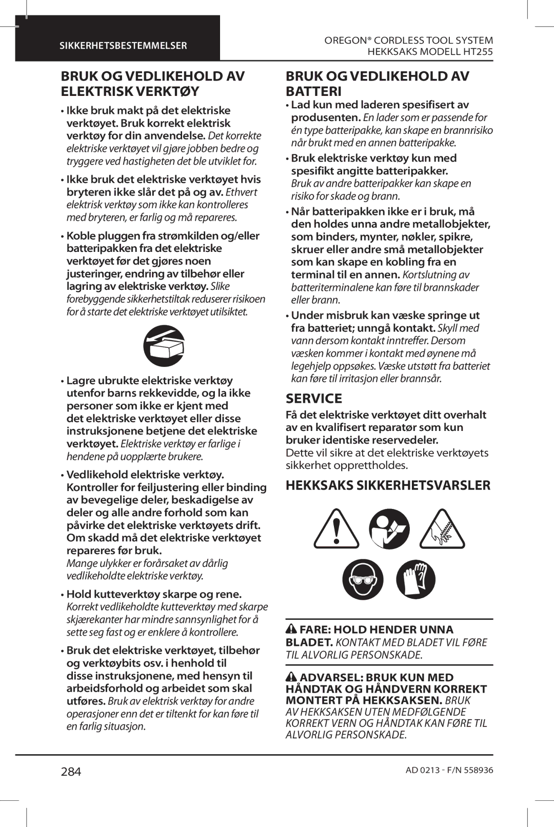 Oregon HT255 Bruk OG Vedlikehold AV Elektrisk Verktøy, Bruk OG Vedlikehold AV Batteri, Hekksaks Sikkerhetsvarsler, 284 