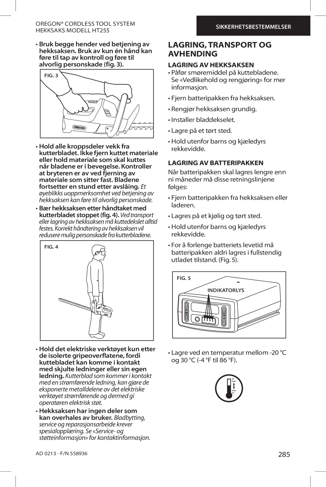 Oregon HT255 instruction manual LAGRING, Transport OG Avhending, 285, Lagring AV Hekksaksen, Lagring AV Batteripakken 