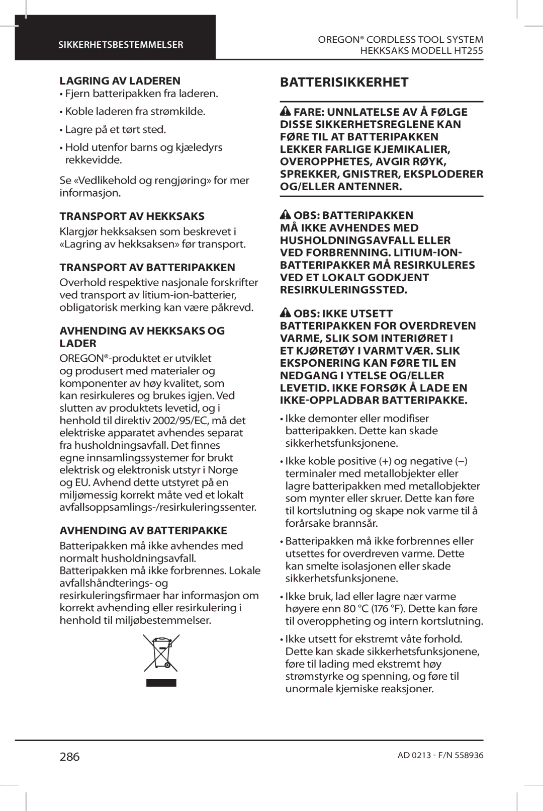 Oregon HT255 instruction manual Batterisikkerhet, 286 