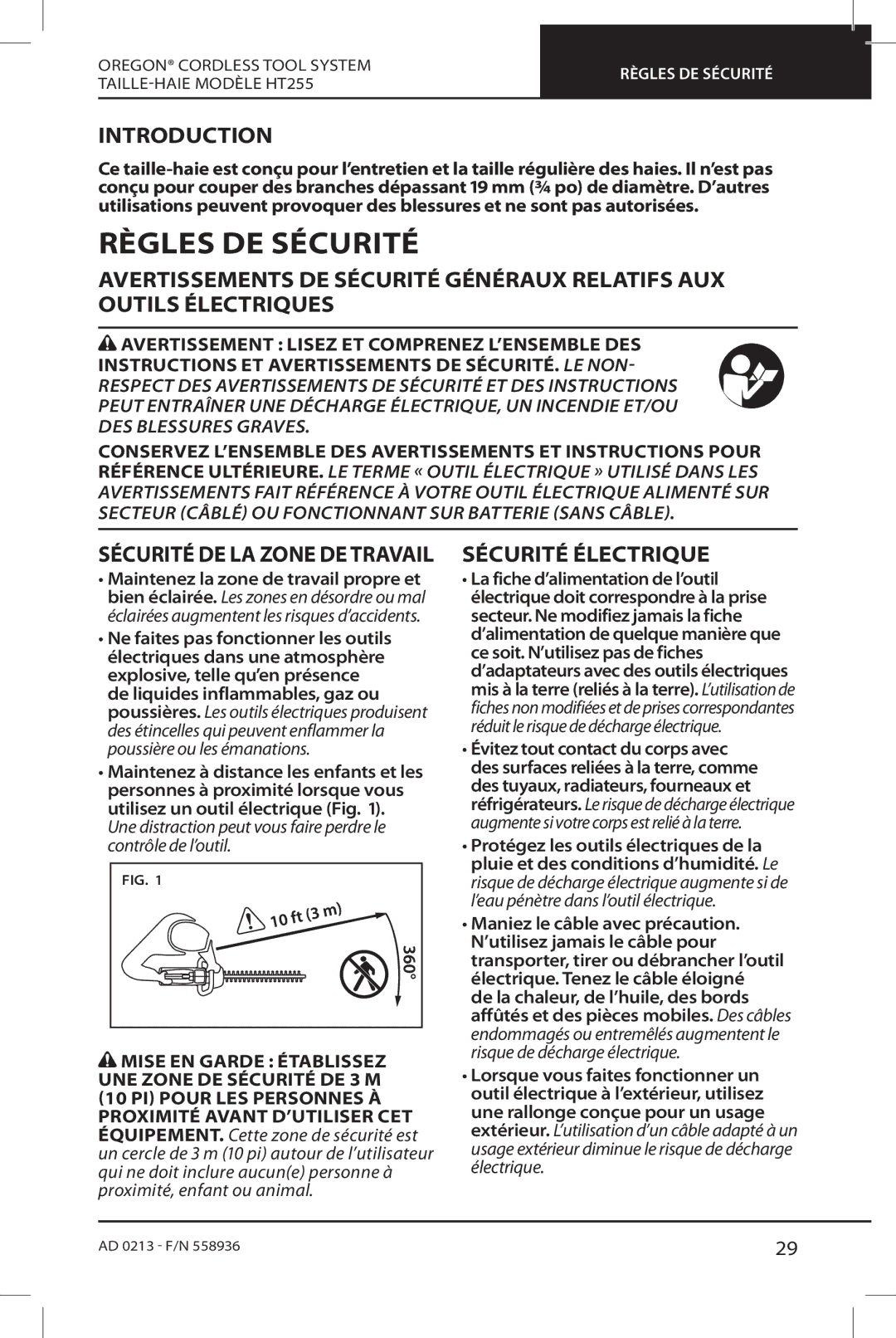 Oregon HT255 Règles DE Sécurité, Sécurité Électrique, Mise EN Garde Établissez UNE Zone DE Sécurité DE 3 M 