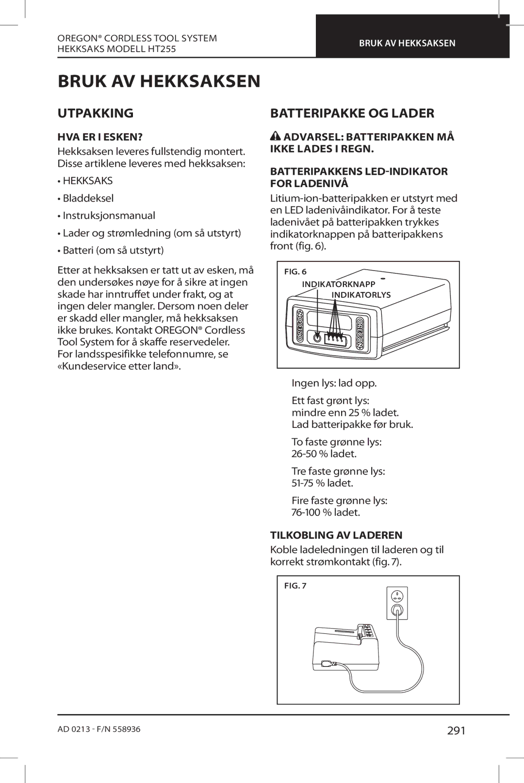 Oregon HT255 instruction manual Bruk AV Hekksaksen, Utpakking, Batteripakke OG Lader, 291 