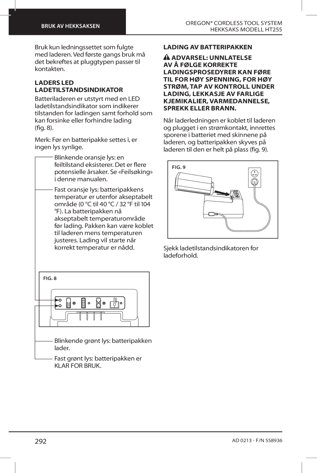 Oregon HT255 instruction manual 292, Laders LED Ladetilstandsindikator, Lading AV Batteripakken 