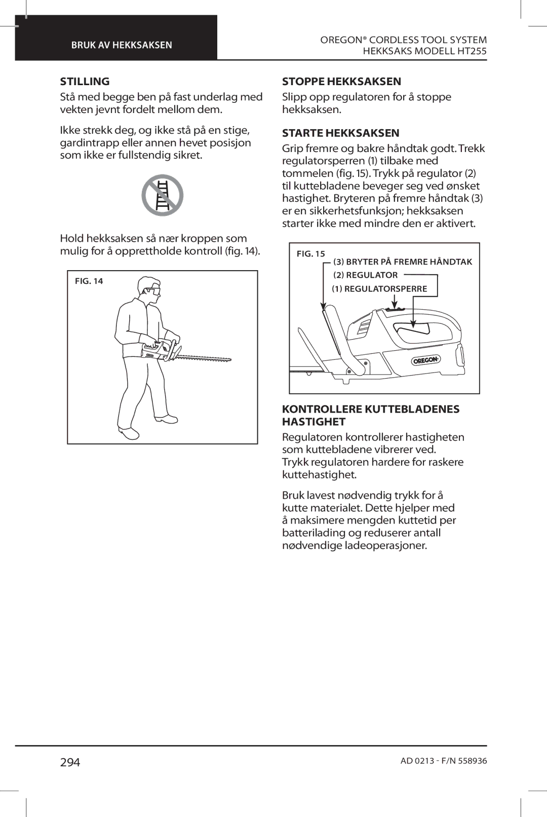 Oregon HT255 instruction manual 294, Stilling, Stoppe Hekksaksen, Starte Hekksaksen, Kontrollere Kuttebladenes Hastighet 