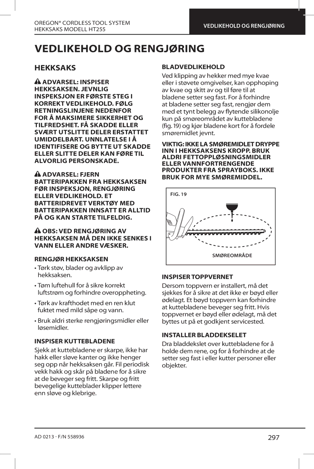 Oregon HT255 instruction manual Vedlikehold OG Rengjøring, Hekksaks, 297 