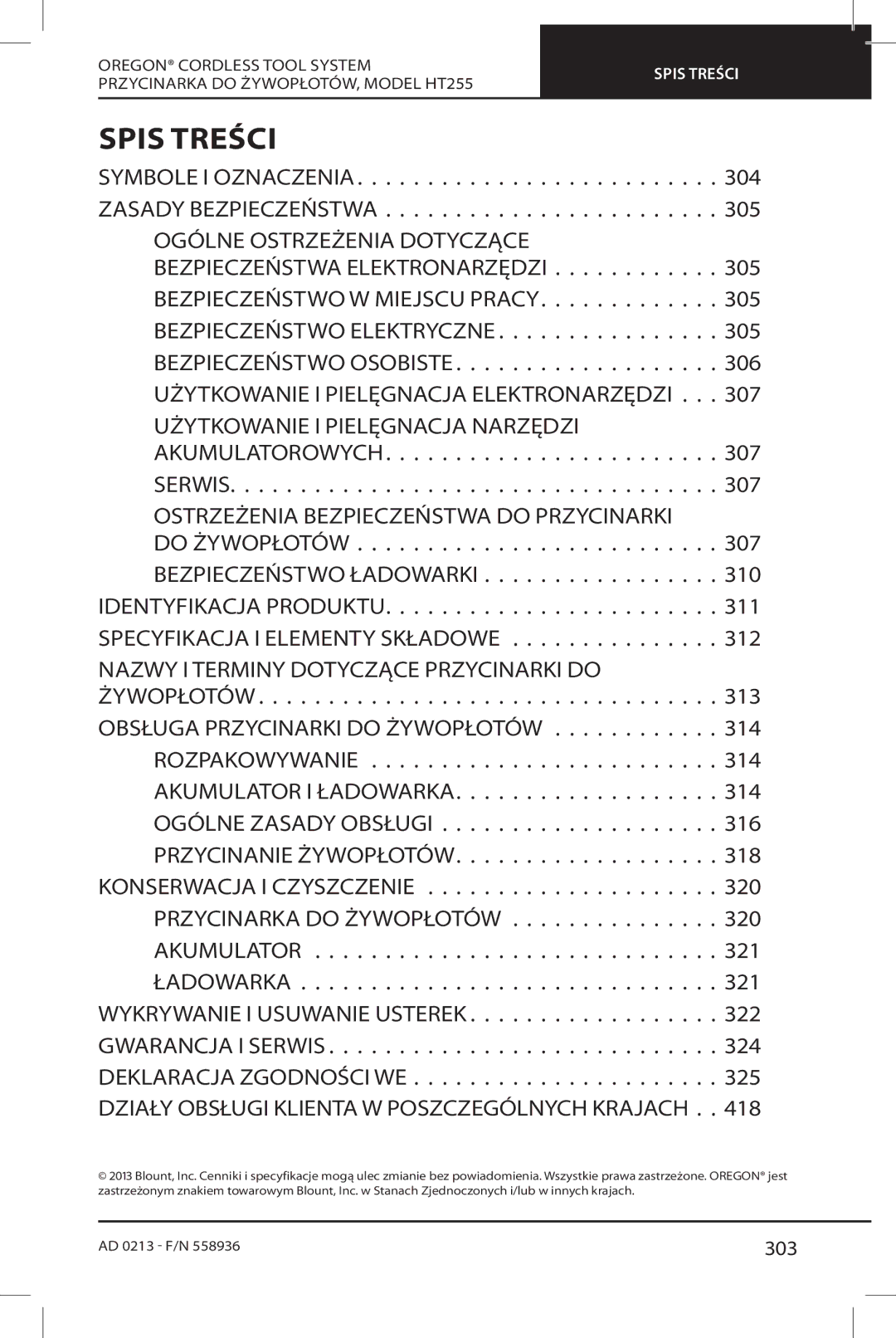 Oregon HT255 instruction manual Spis Treści, 303 