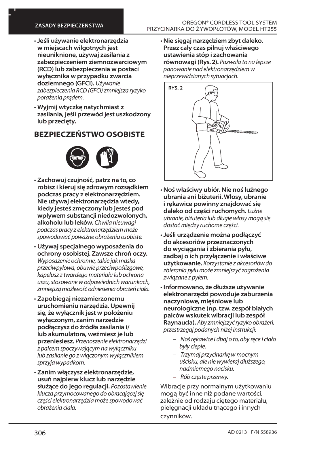 Oregon HT255 instruction manual Bezpieczeństwo Osobiste, 306 