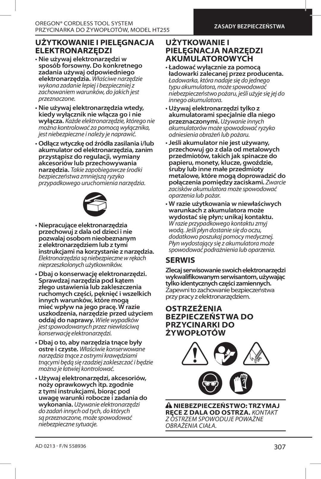 Oregon HT255 Użytkowanie I Pielęgnacja Narzędzi Akumulatorowych, Serwis, Użytkowanie I Pielęgnacja Elektronarzędzi, 307 