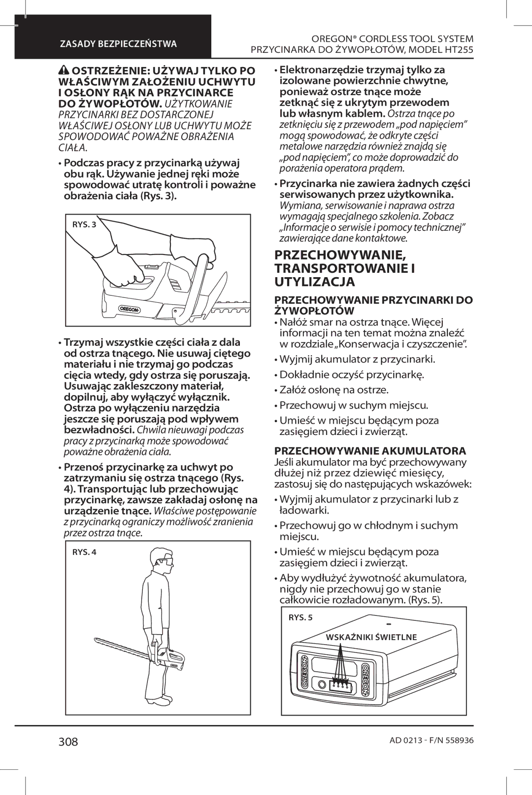 Oregon HT255 instruction manual Przechowywanie, Transportowanie, Utylizacja, 308 