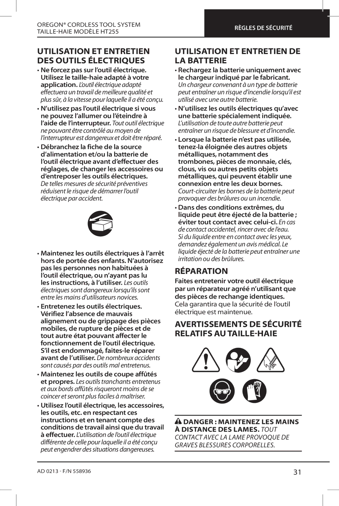 Oregon HT255 Utilisation ET Entretien DE LA Batterie, Réparation, Utilisation ET Entretien DES Outils Électriques 