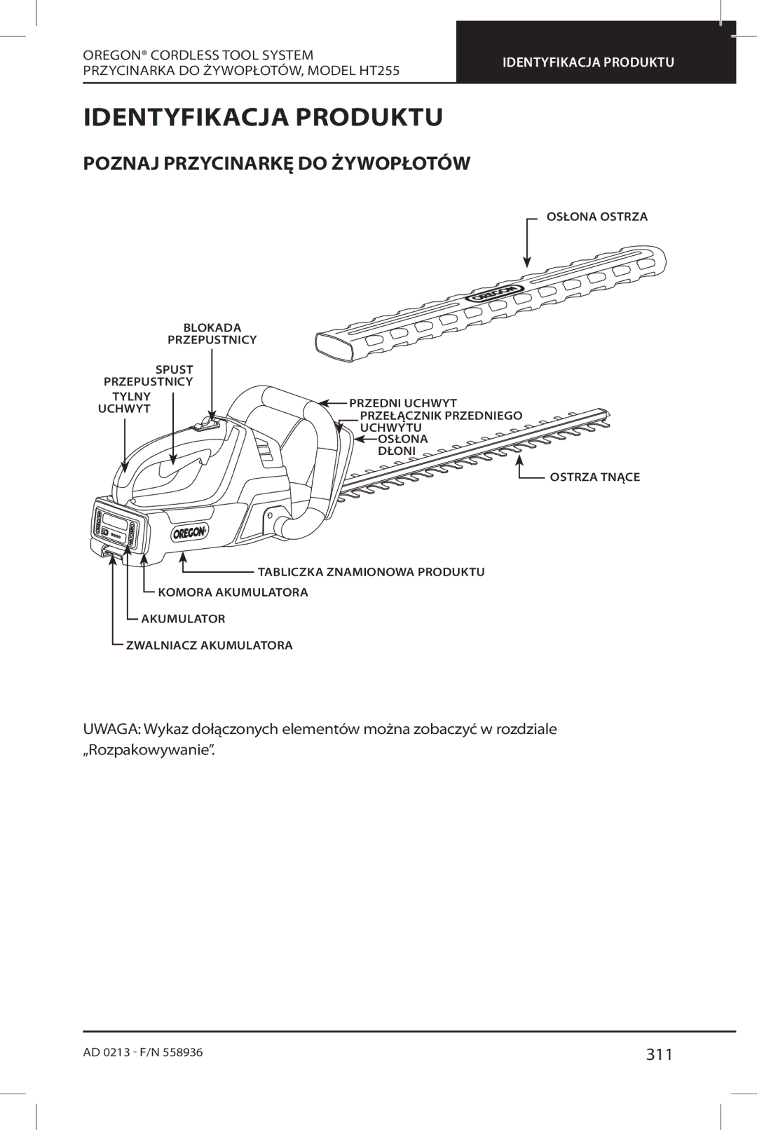 Oregon HT255 instruction manual Identyfikacja Produktu, Poznaj Przycinarkę do Żywopłotów, 311 