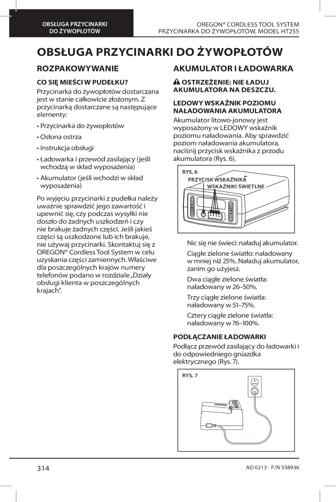 Oregon HT255 instruction manual Obsługa Przycinarki do Żywopłotów, Rozpakowywanie, Akumulator I Ładowarka, 314 