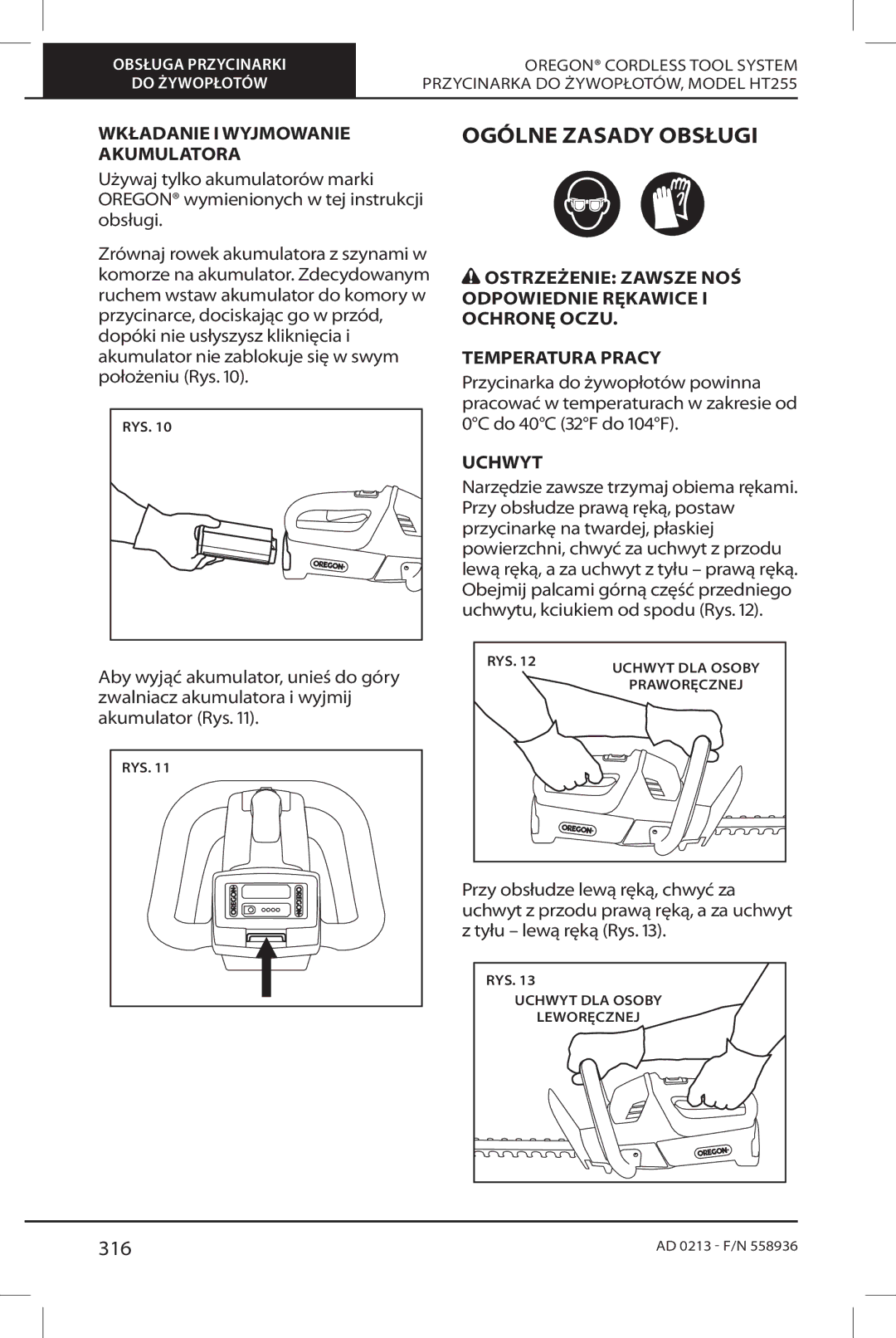 Oregon HT255 instruction manual Ogólne Zasady Obsługi, 316, Wkładanie I Wyjmowanie Akumulatora, Uchwyt 