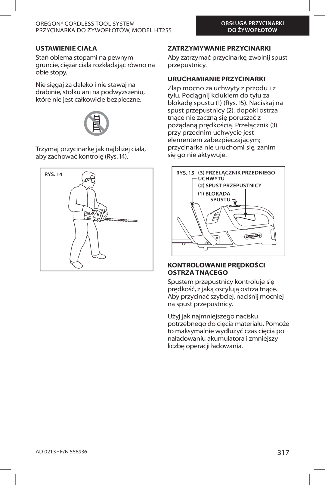 Oregon HT255 instruction manual 317, Ustawienie Ciała, Zatrzymywanie Przycinarki, Uruchamianie Przycinarki 