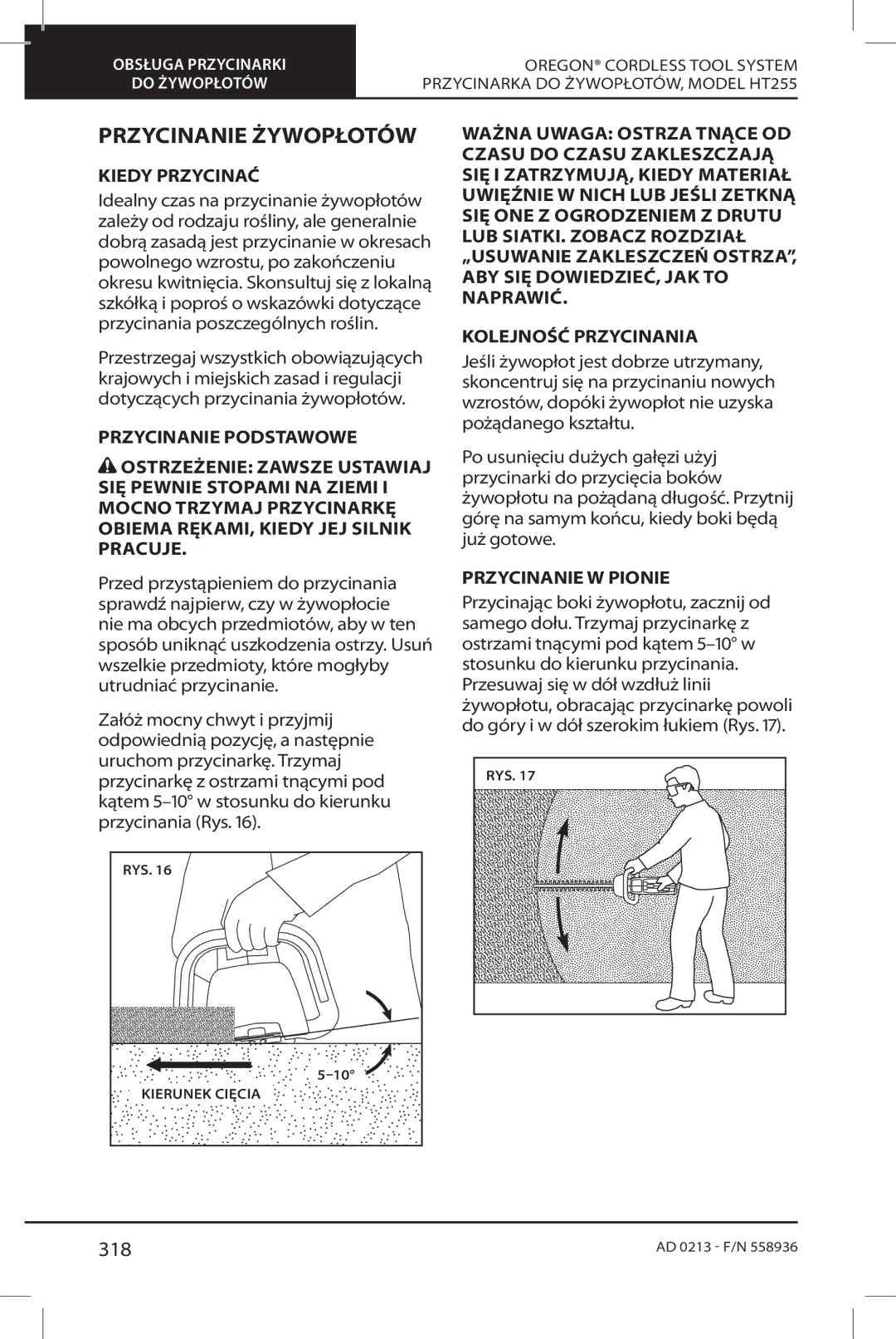 Oregon HT255 instruction manual Przycinanie Żywopłotów, 318, Kiedy Przycinać, Przycinanie W Pionie 