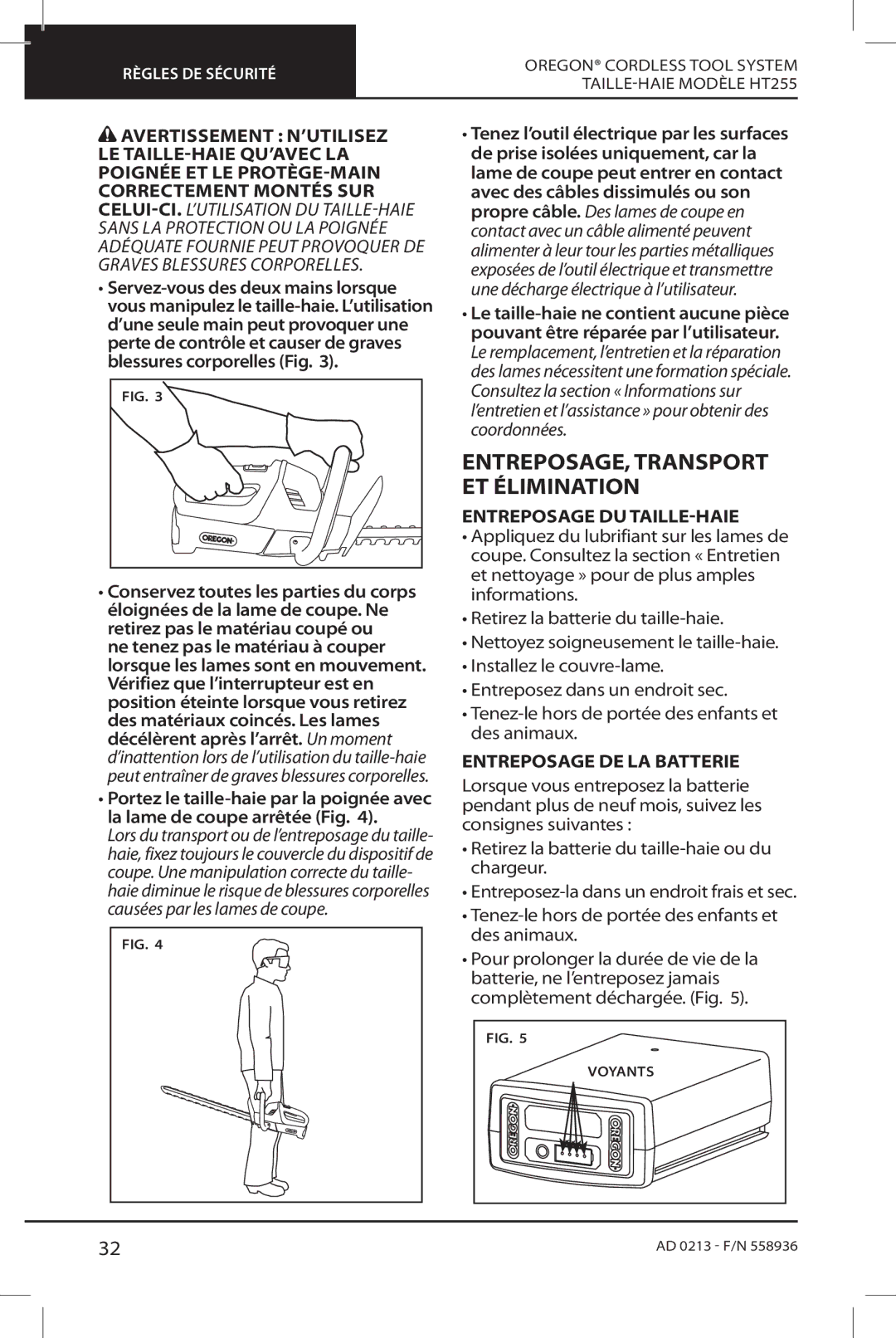 Oregon HT255 instruction manual ENTREPOSAGE, Transport, ET Élimination 