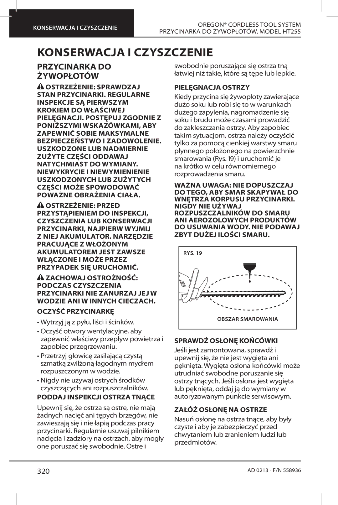 Oregon HT255 instruction manual Konserwacja I Czyszczenie, Przycinarka do Żywopłotów, 320 