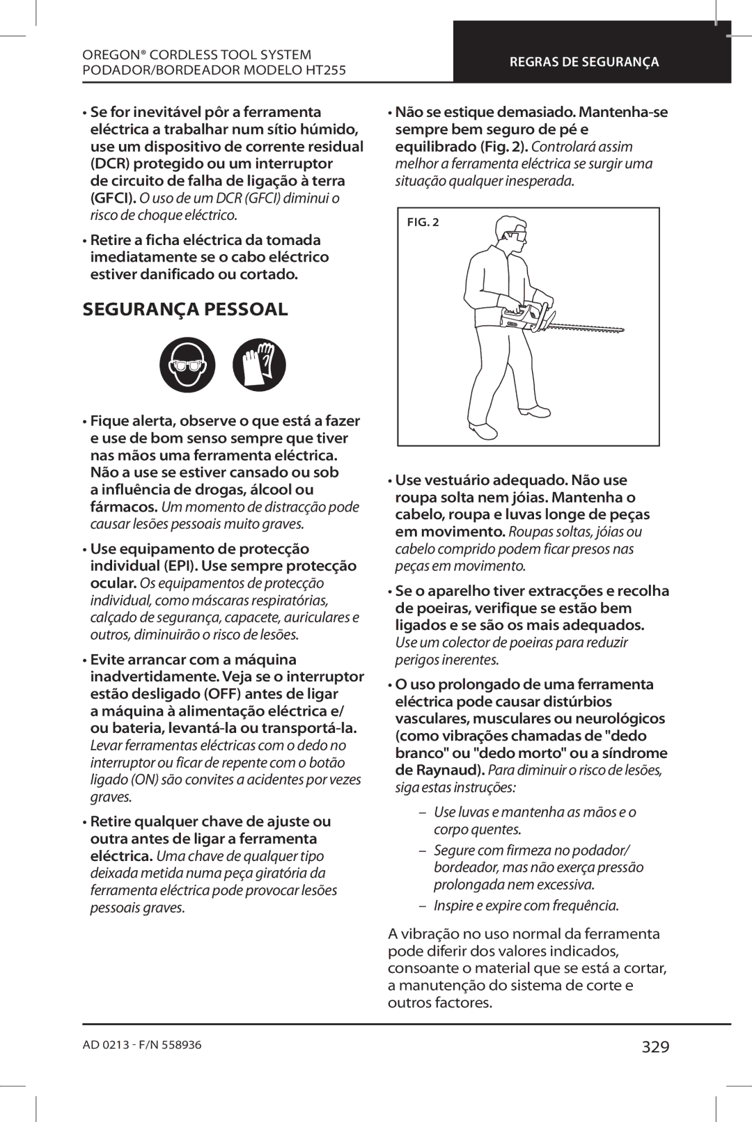 Oregon HT255 instruction manual Segurança Pessoal, 329 