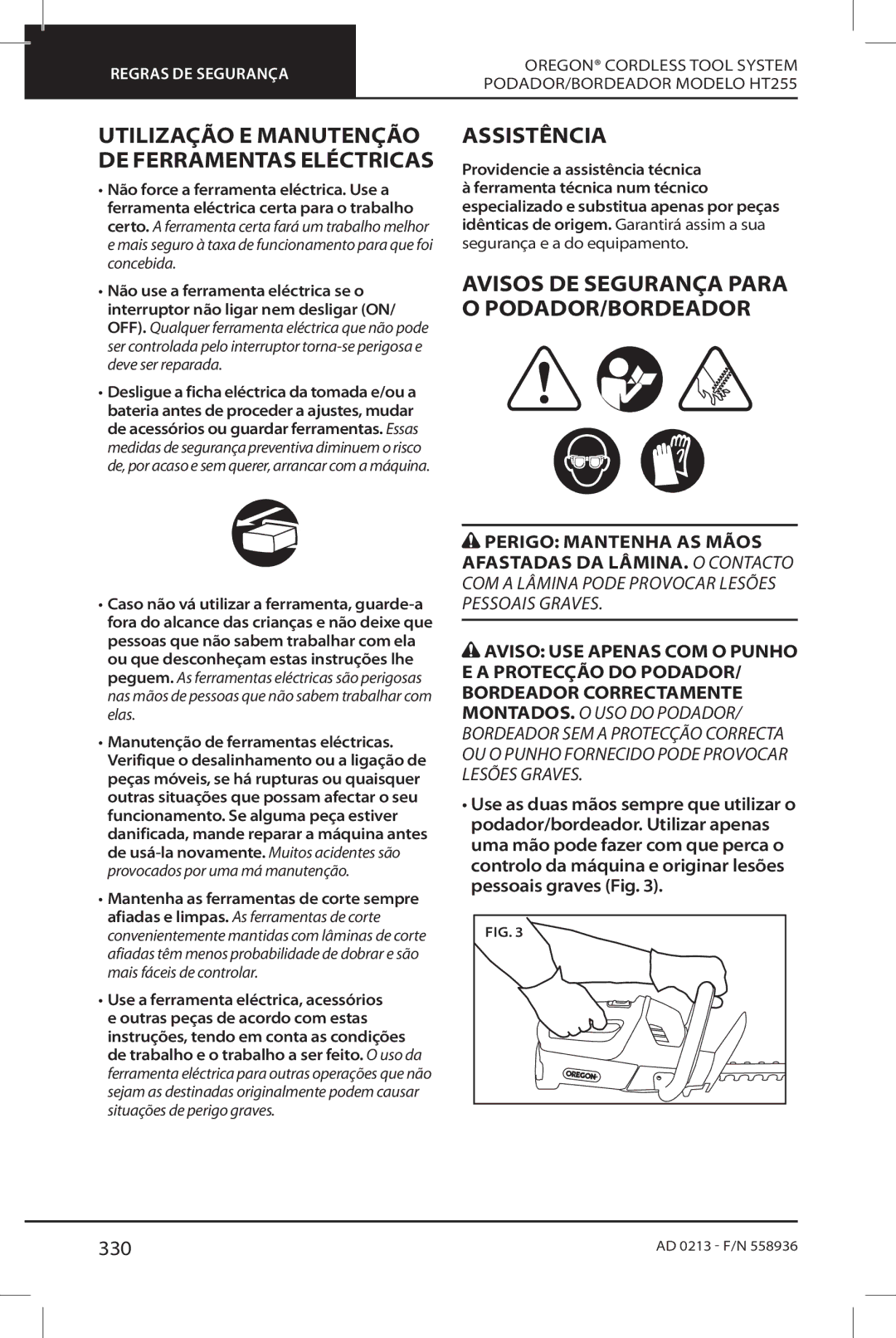 Oregon HT255 Assistência, Utilização E Manutenção DE Ferramentas Eléctricas, Avisos DE Segurança Para O PODADOR/BORDEADOR 