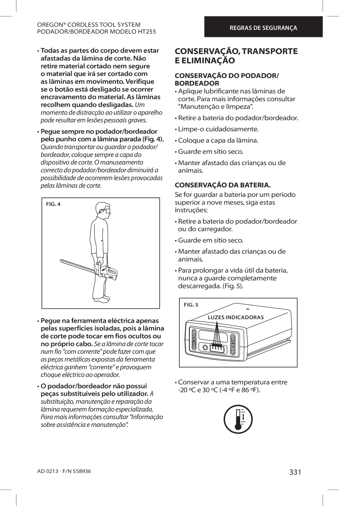 Oregon HT255 CONSERVAÇÃO, Transporte E Eliminação, 331, Conservação do PODADOR/ Bordeador, Conservação DA Bateria 