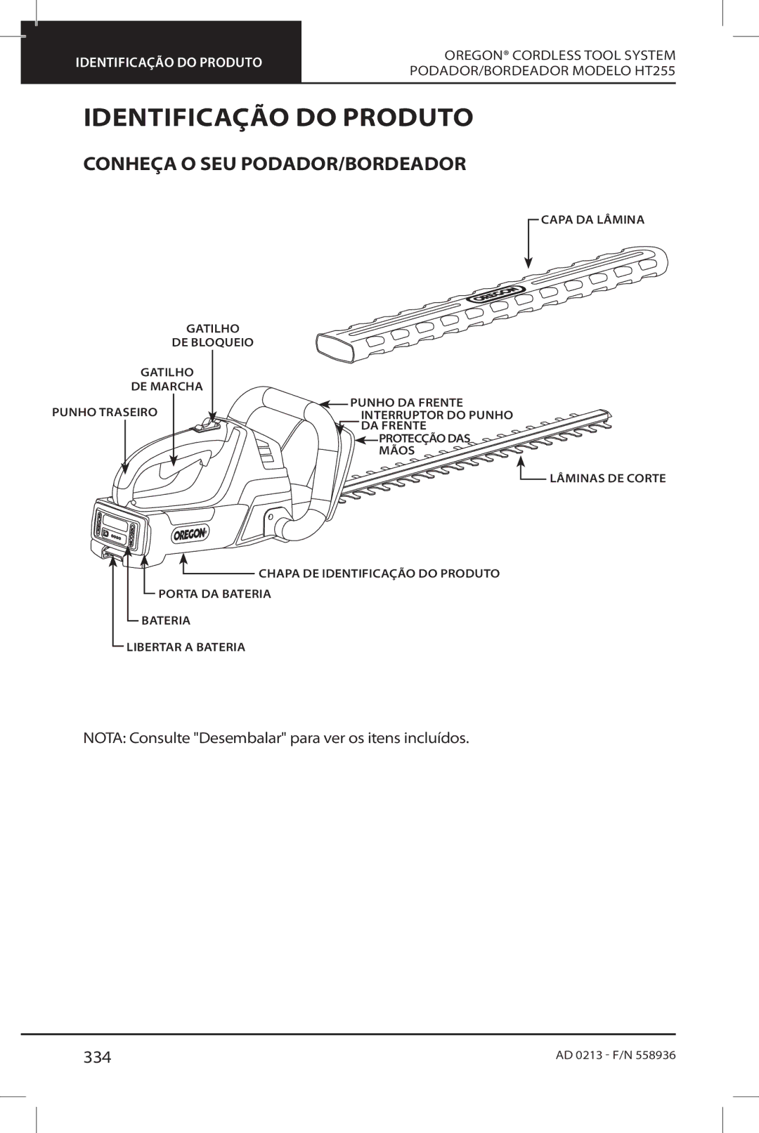 Oregon HT255 instruction manual Identificação do Produto, Conheça O SEU PODADOR/BORDEADOR, 334 