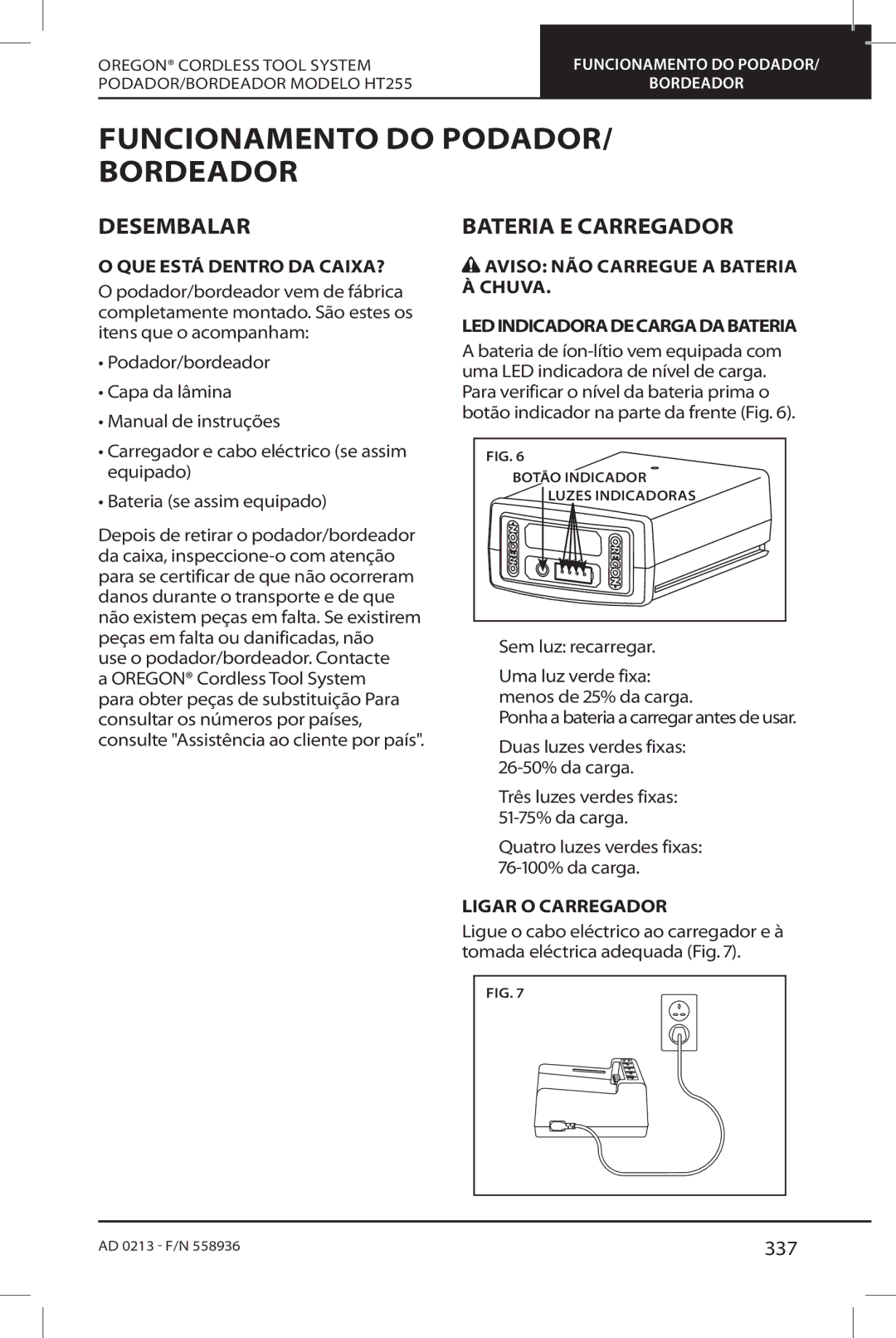 Oregon HT255 instruction manual Funcionamento do Podador Bordeador, Desembalar, Bateria E Carregador, 337 