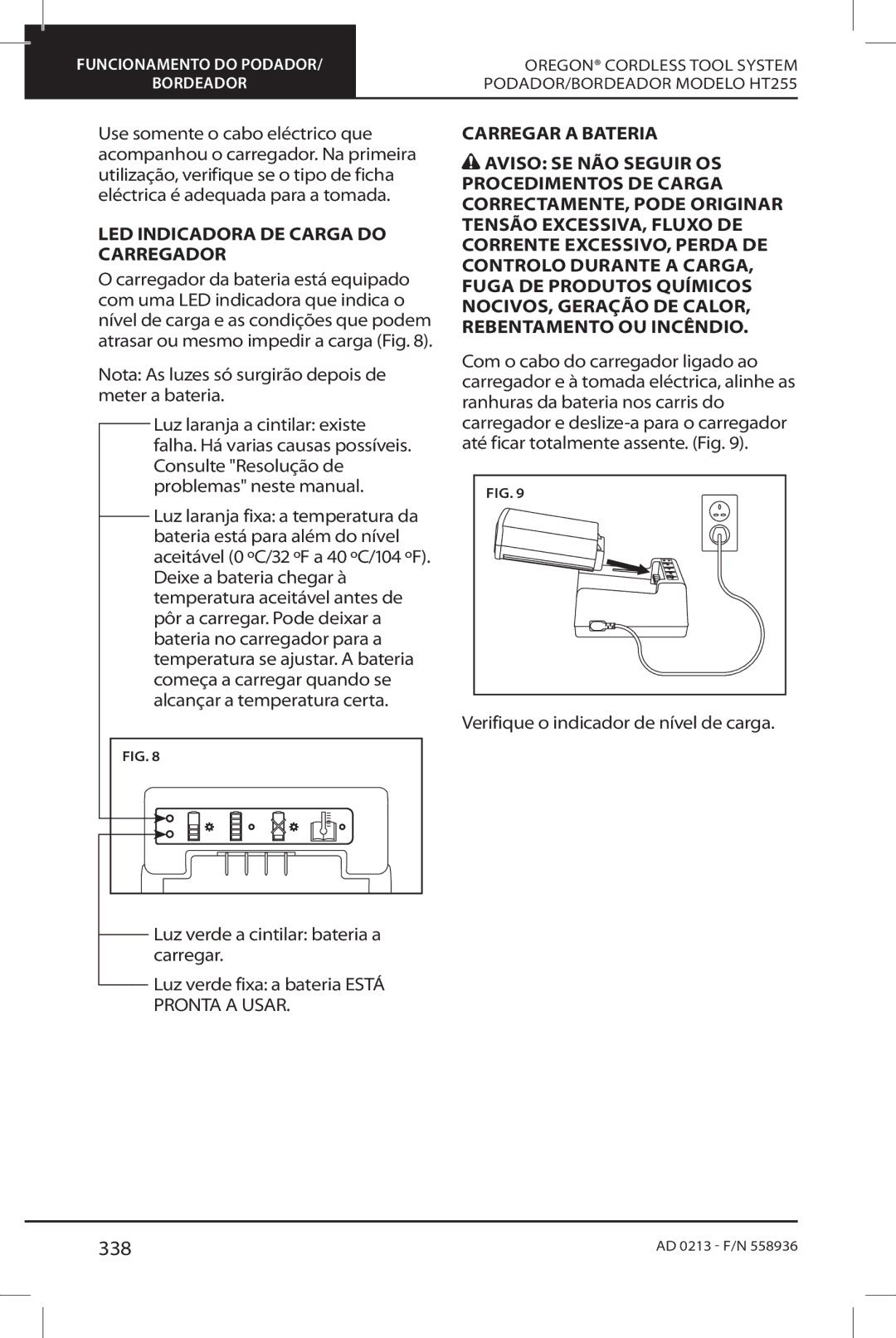 Oregon HT255 instruction manual 338, LED Indicadora DE Carga do Carregador 