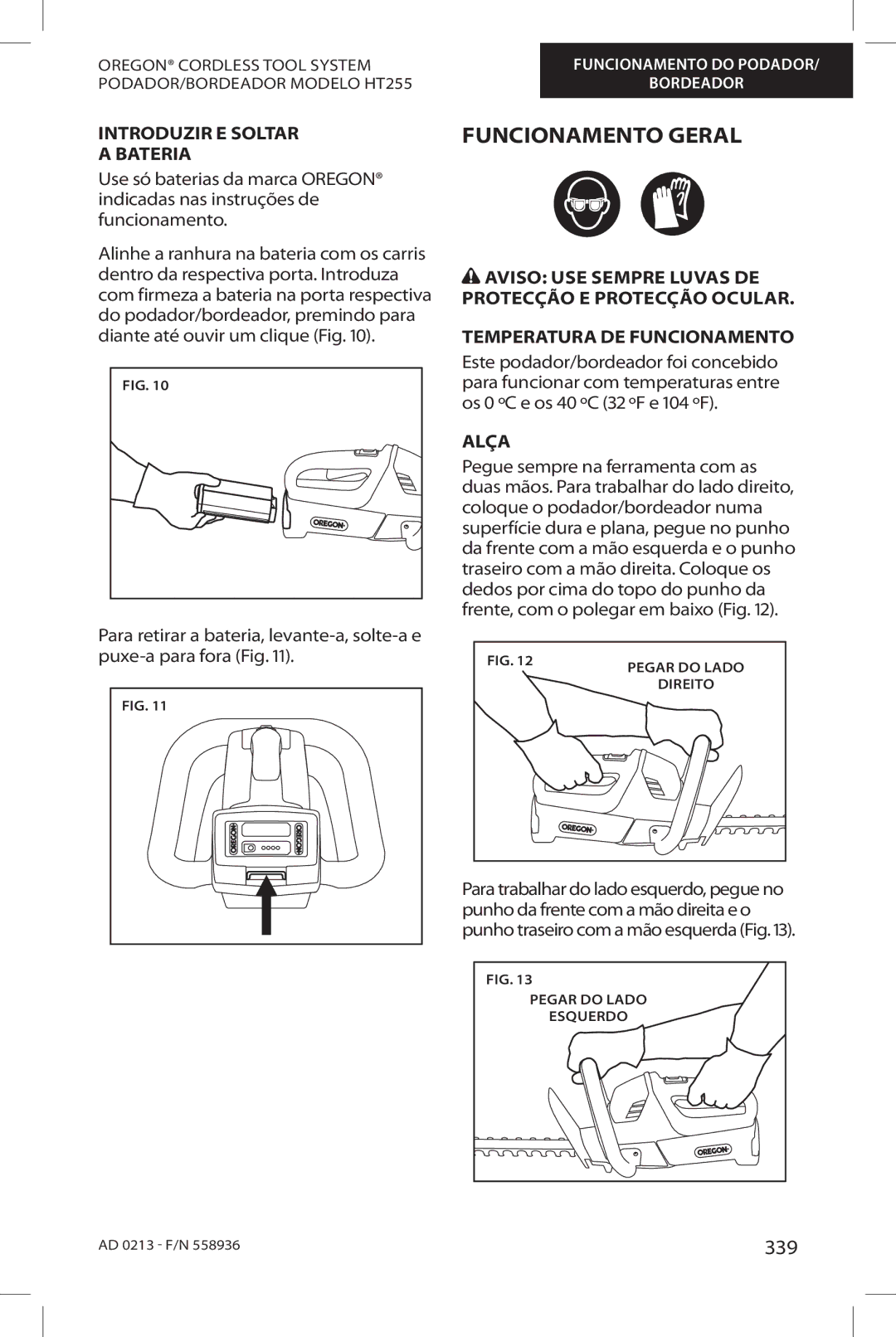 Oregon HT255 instruction manual Funcionamento Geral, 339, Introduzir E Soltar Bateria, Alça 